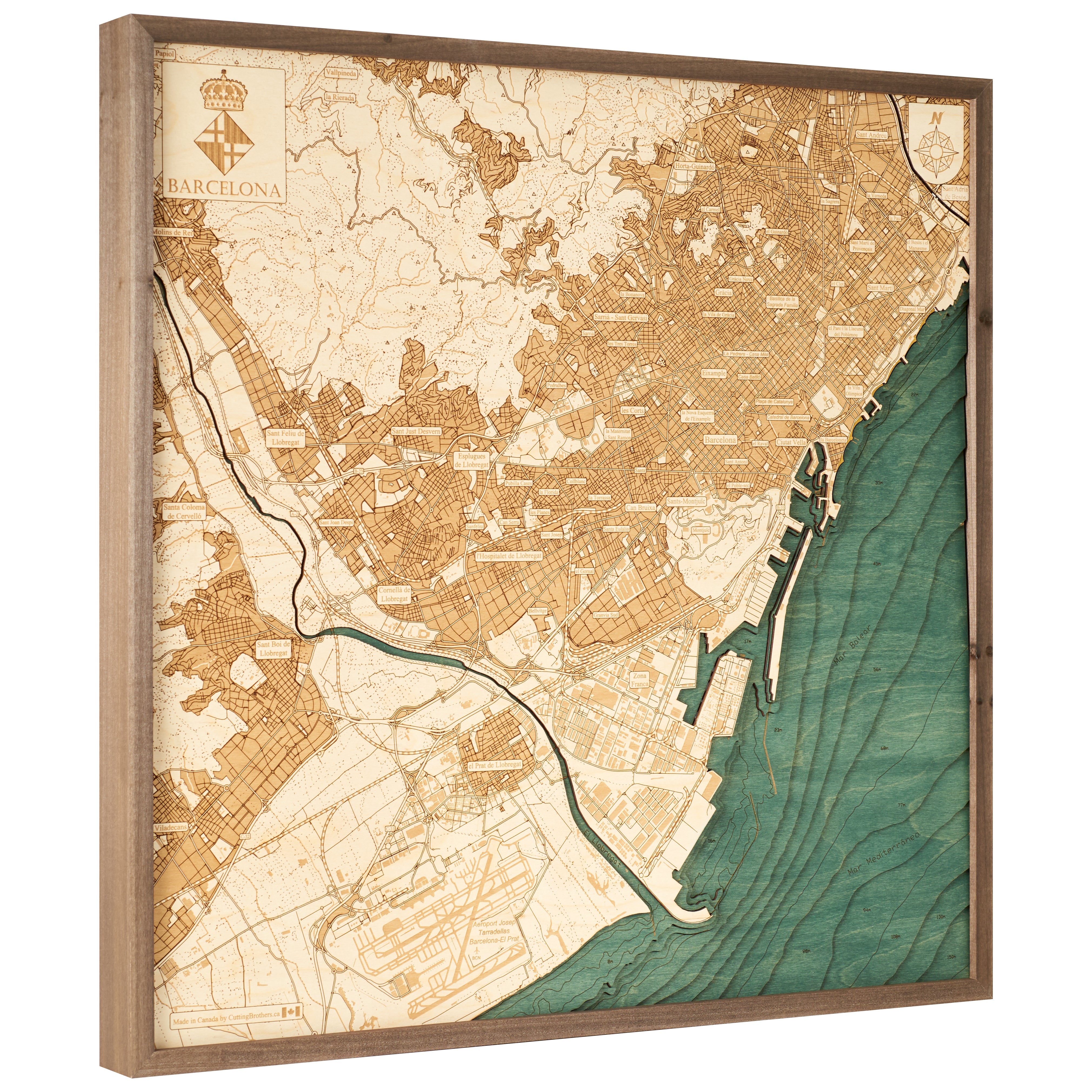 BARCELONA 3D WOODEN WALL MAP - Version L - 30 x 30 Inches