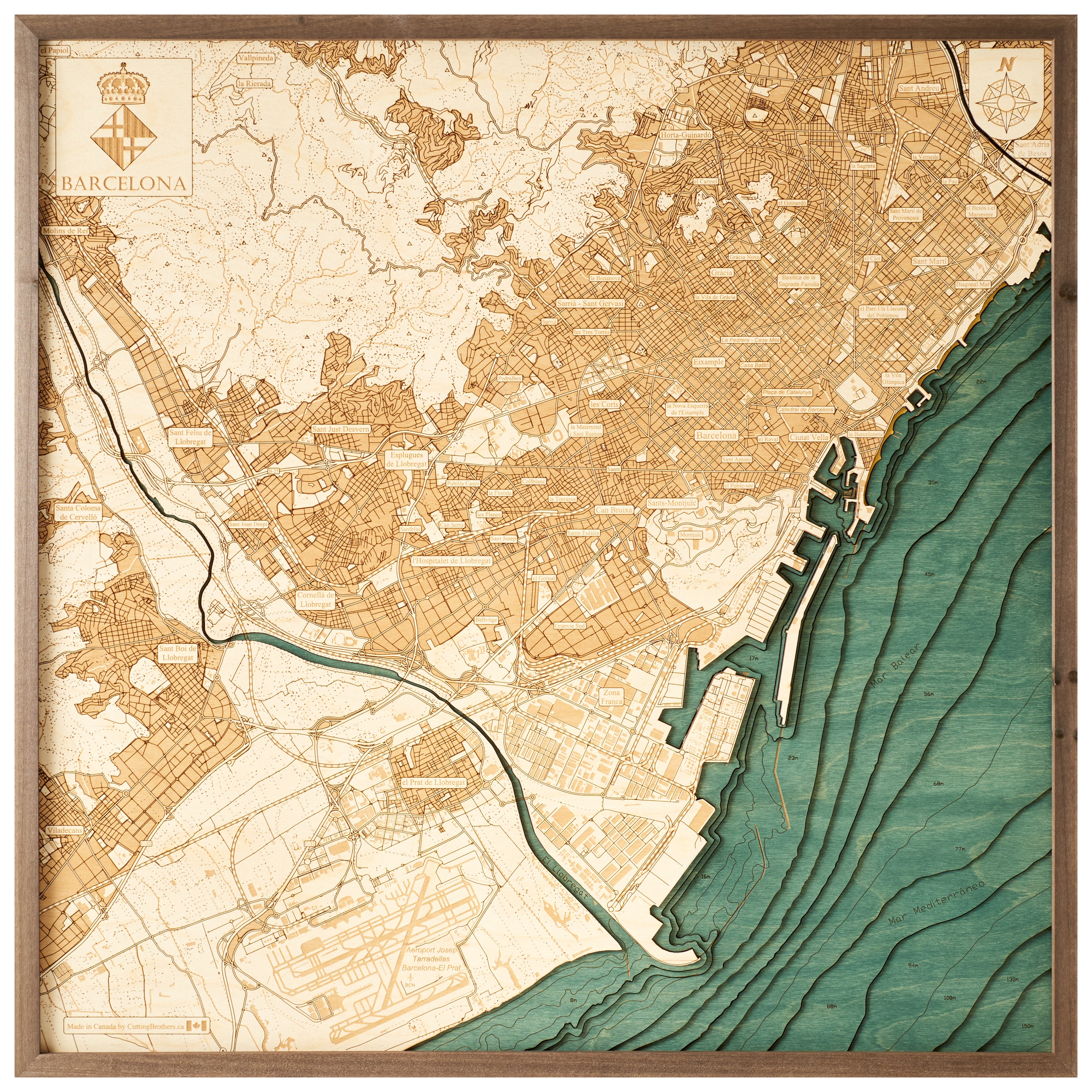 BARCELONA 3D WOODEN WALL MAP - Version L - 30 x 30 Inches