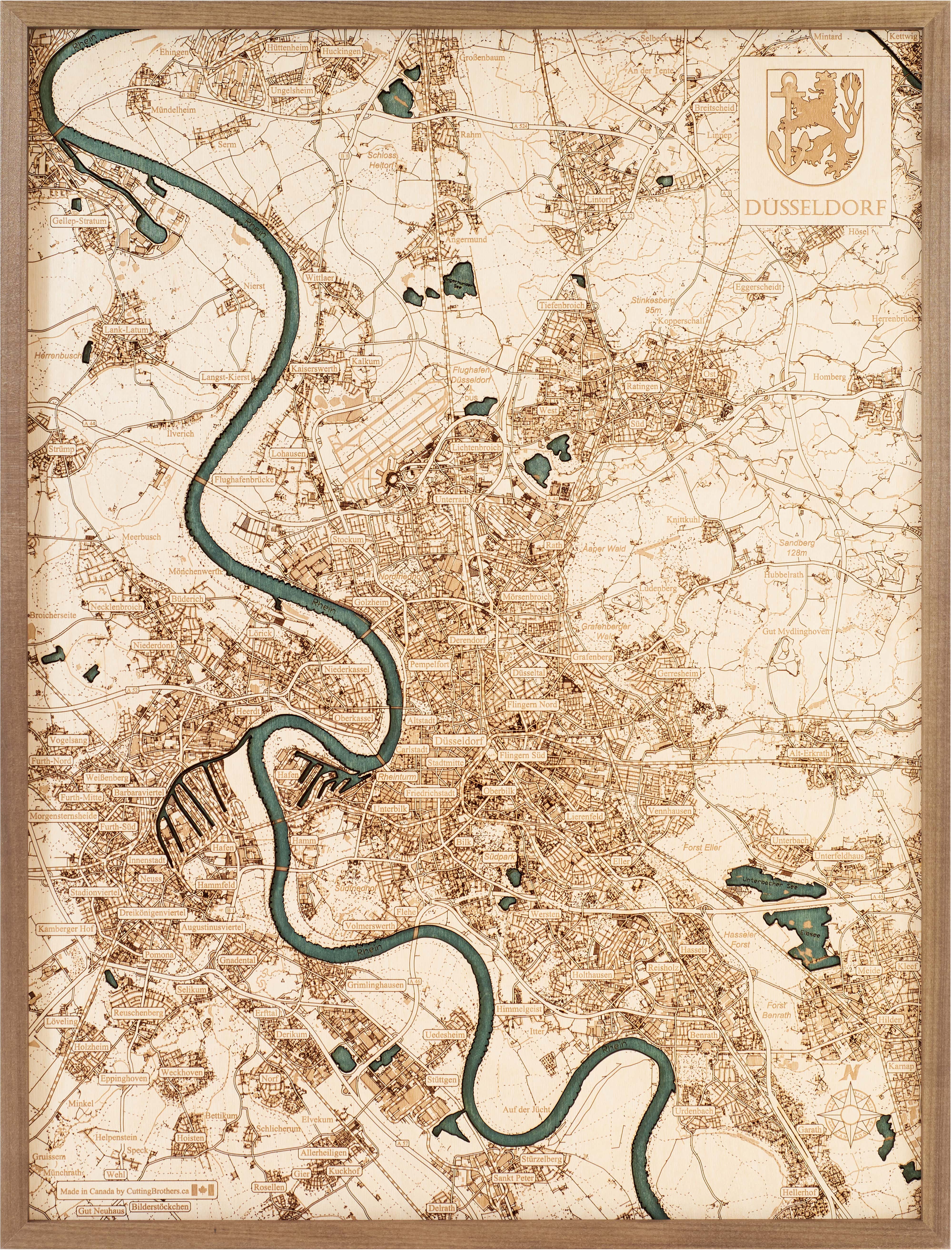 DÜSSELDORF 3D WOODEN WALL MAP - Version L