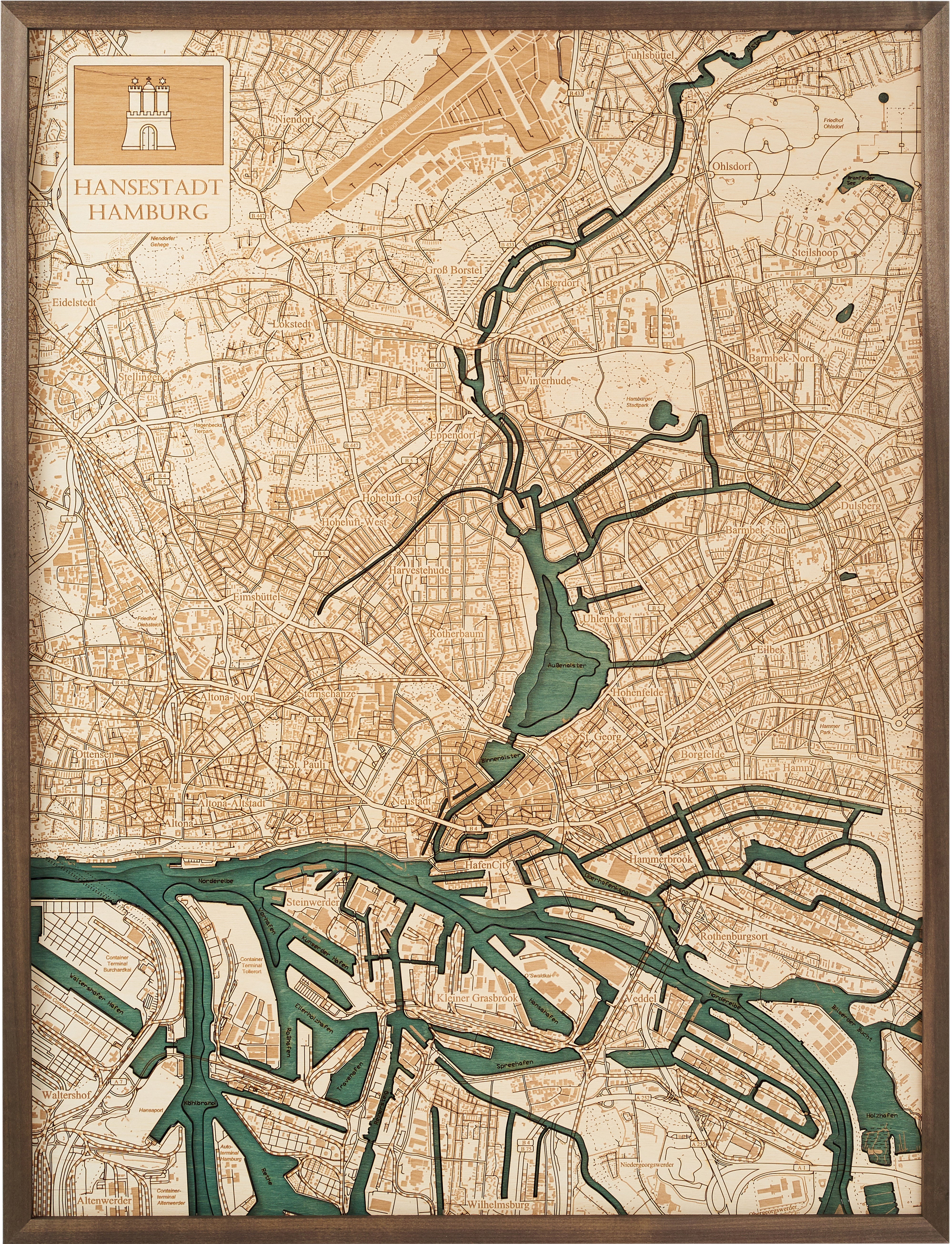 HAMBURG 3D WOODEN WALL MAP - Version L