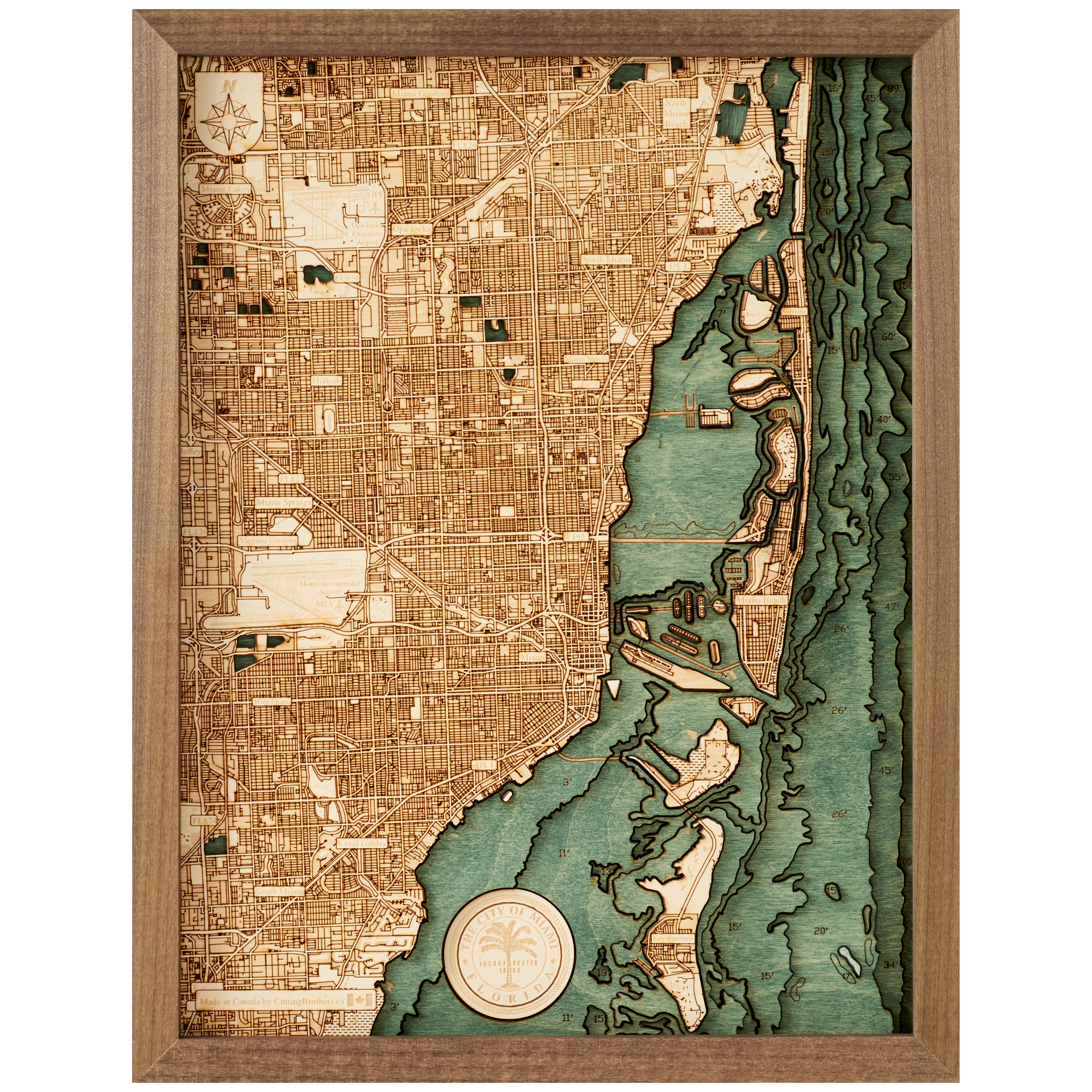 MIAMI 3D WOODEN WALL MAP - Version S