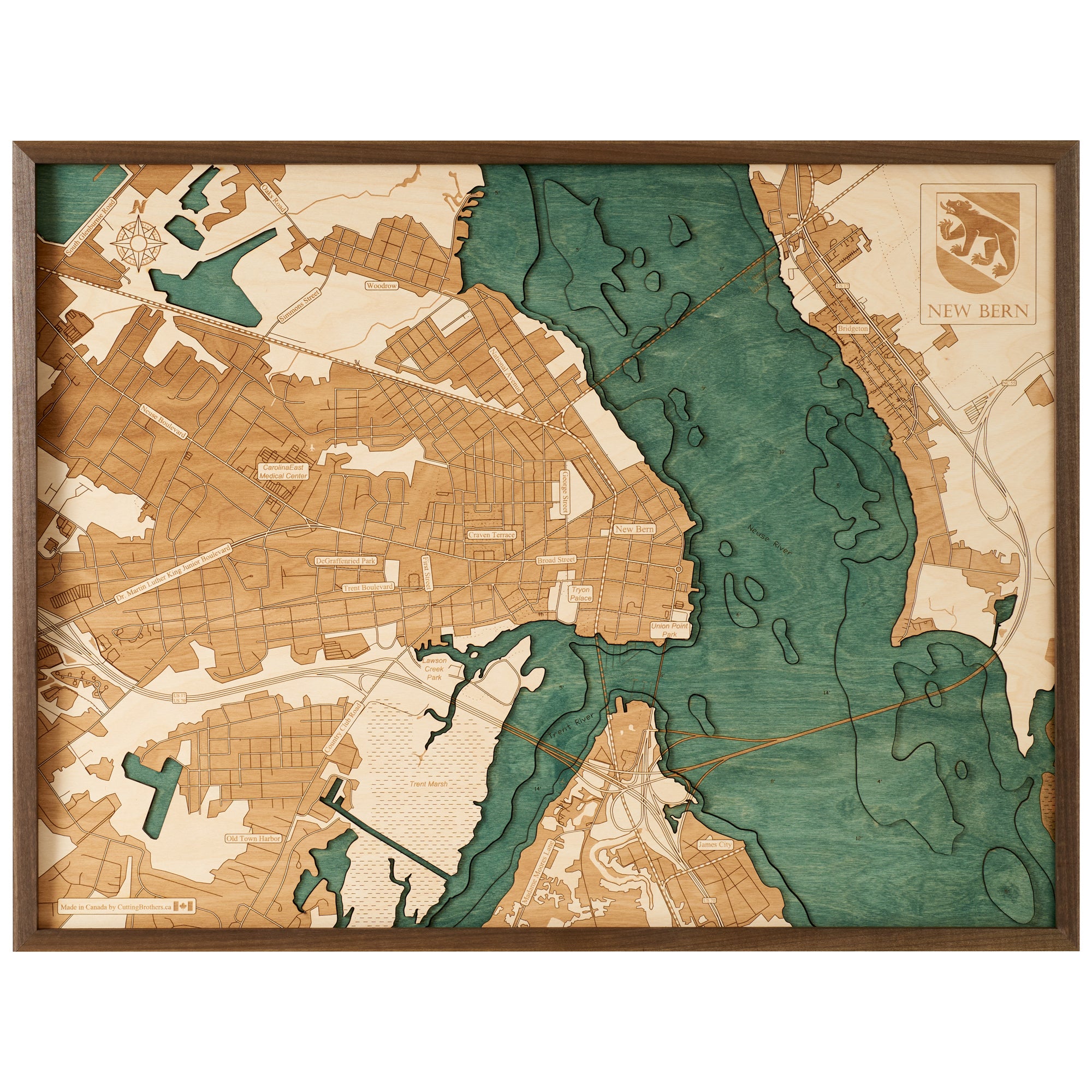 NEW BERN 3D WOODEN WALL MAP - Version L