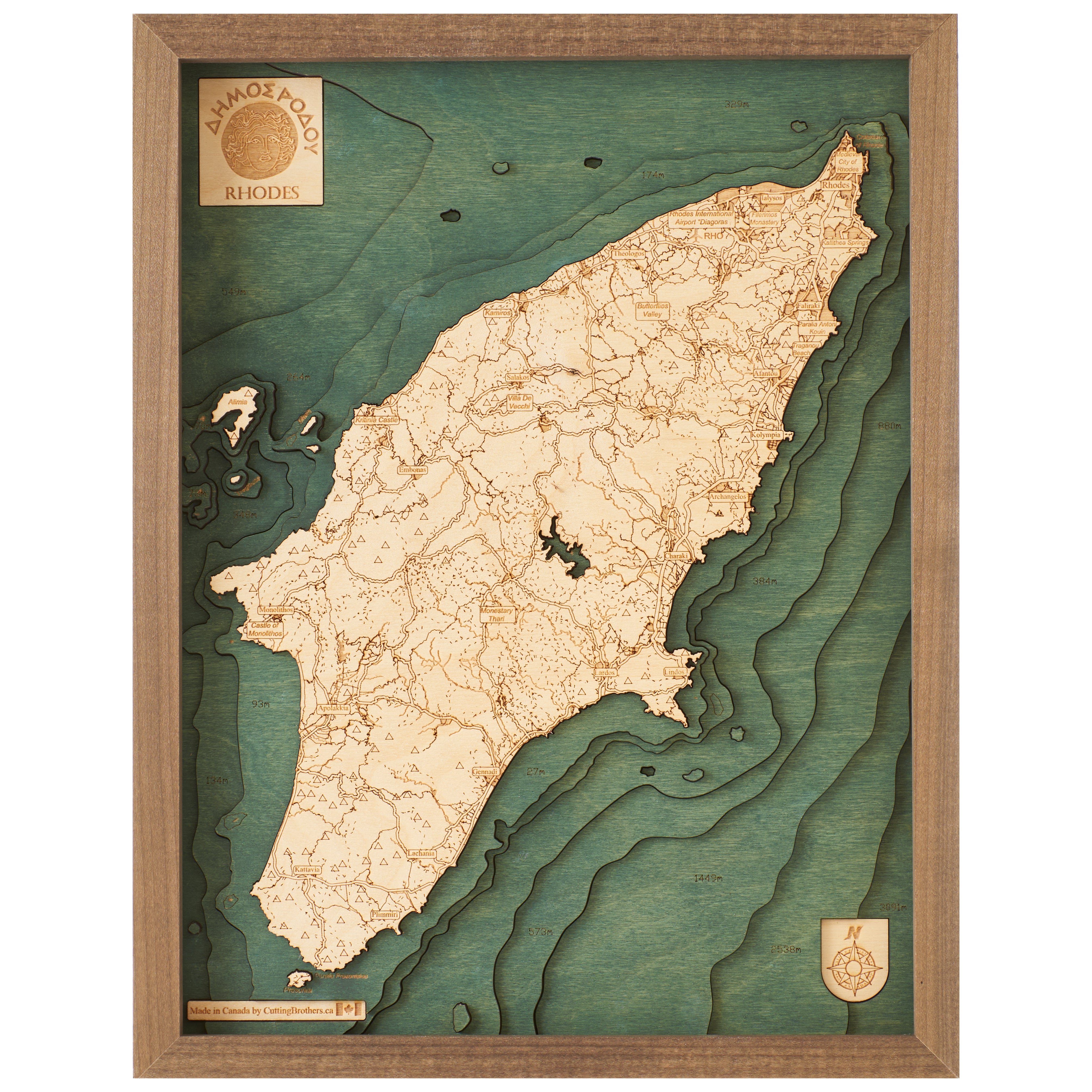 RHODES 3D WOODEN WALL MAP - Version S