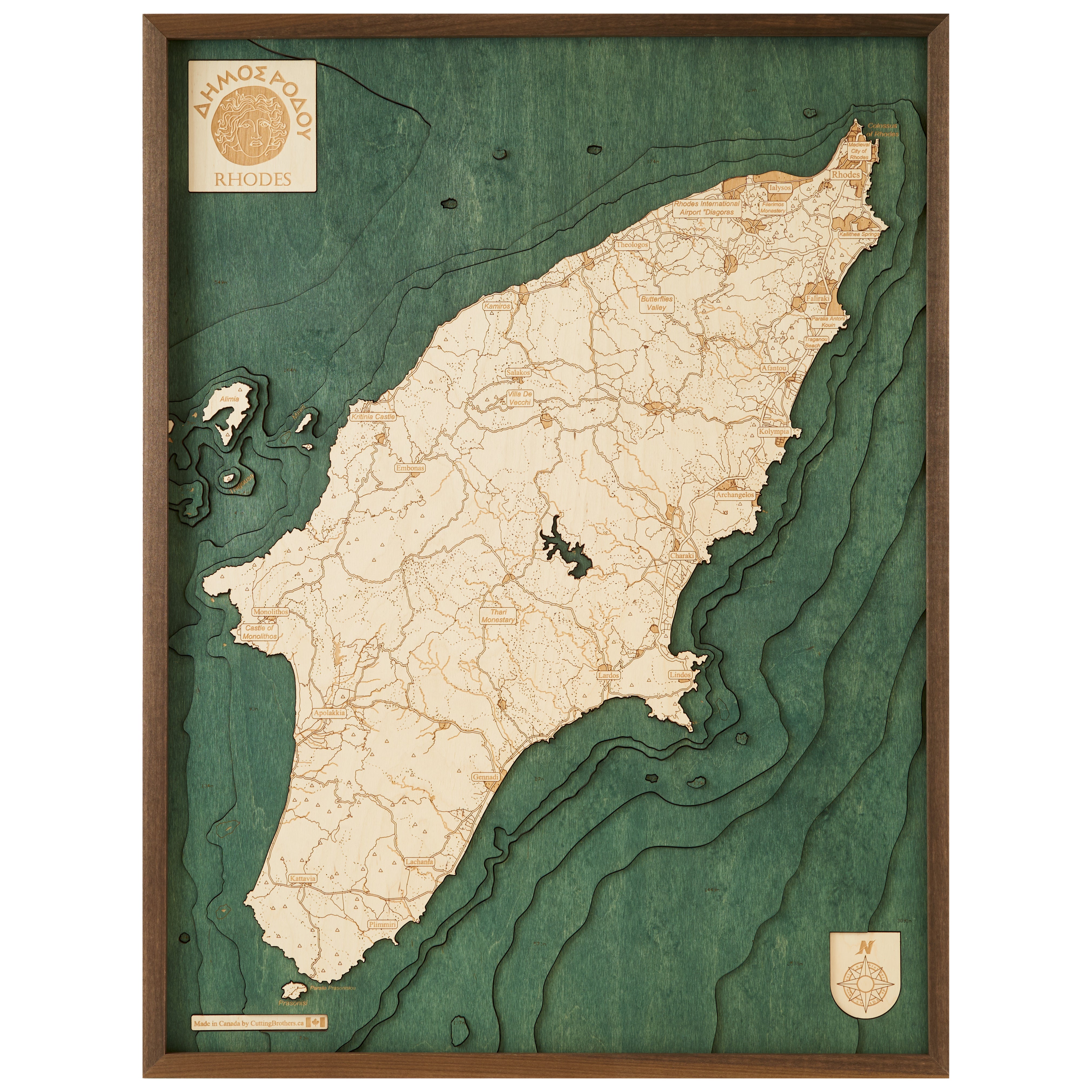 RHODES 3D WOODEN WALL MAP - Version L