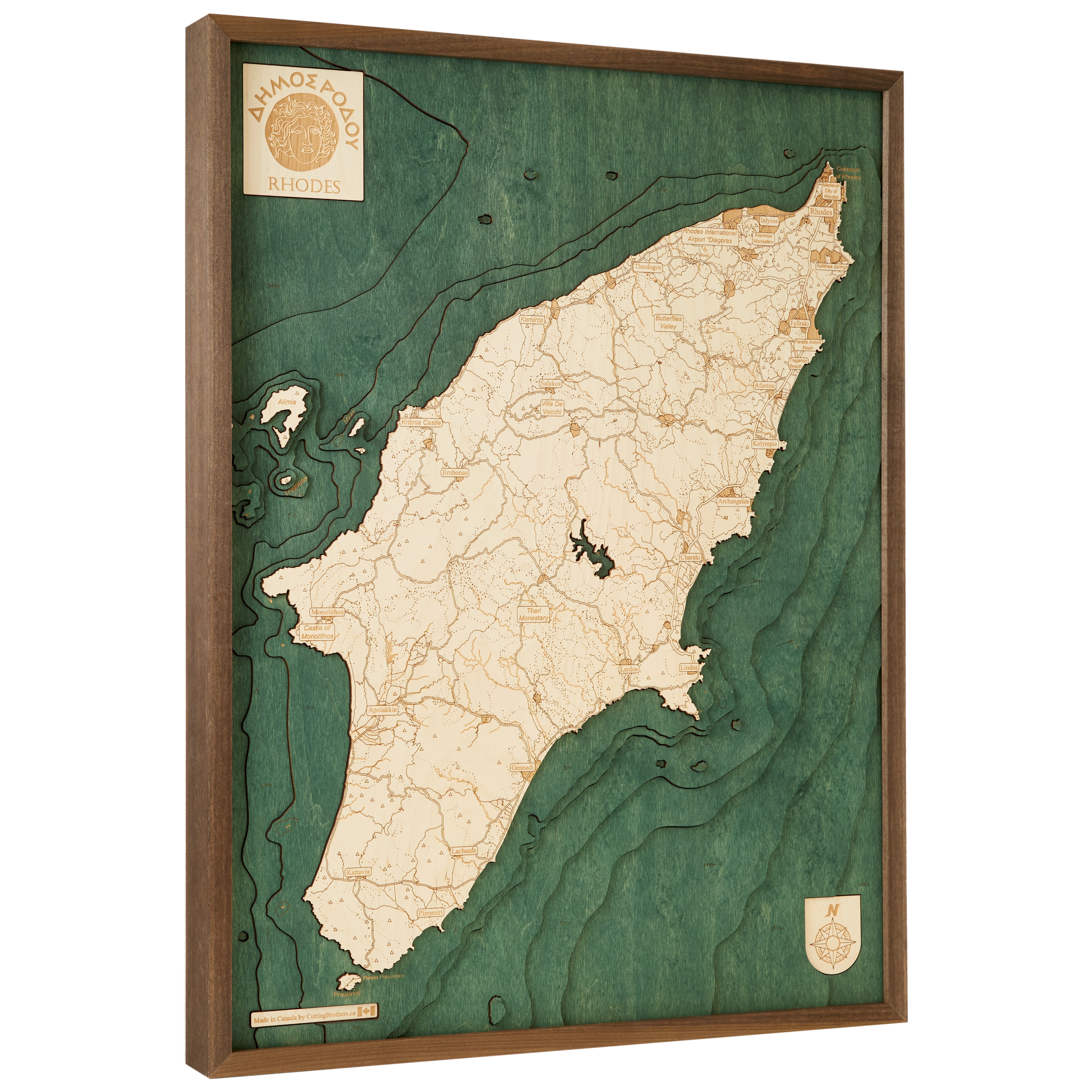 RHODES 3D WOODEN WALL MAP - Version L