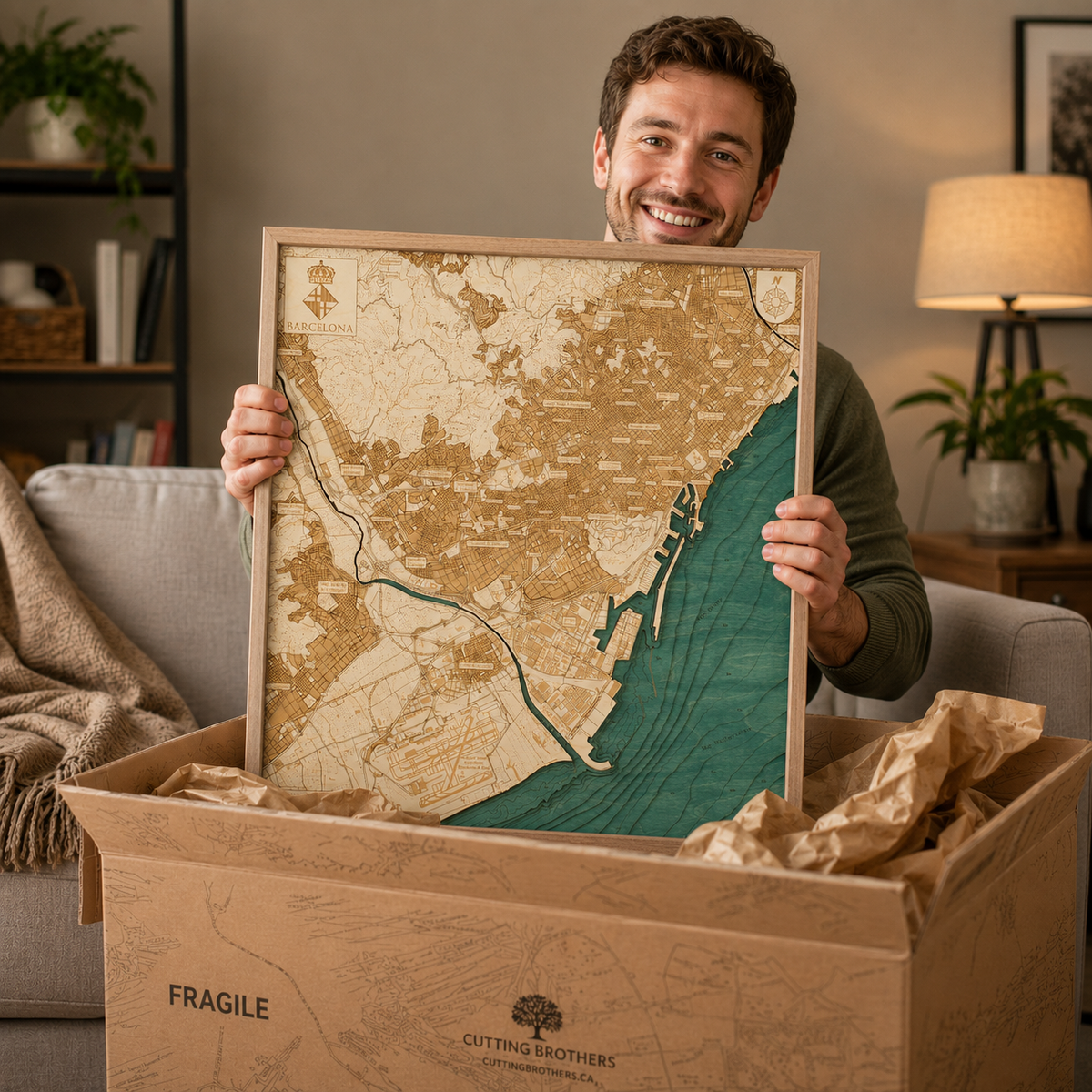 BARCELONA 3D WOODEN WALL MAP - Version L - 30 x 30 Inches