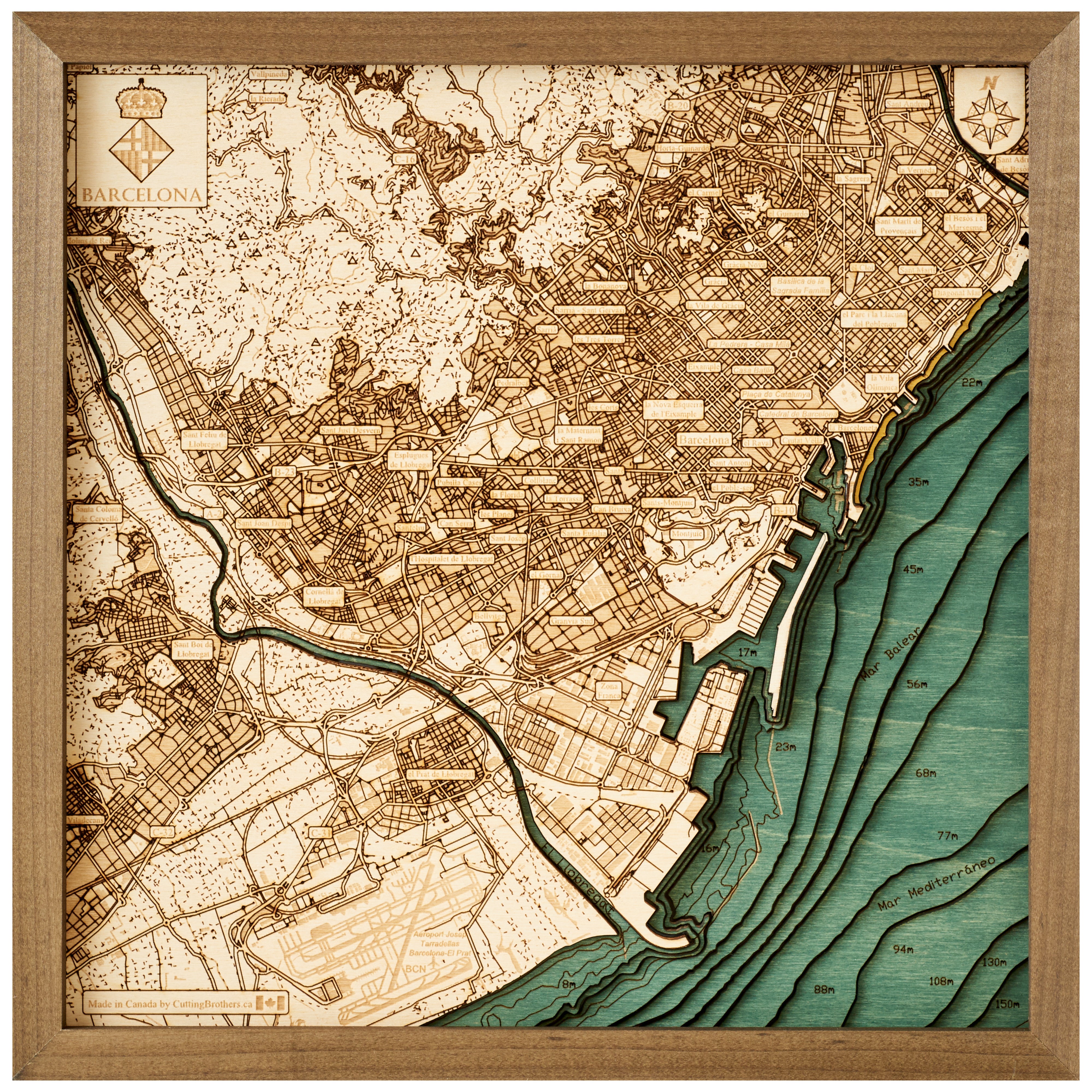 BARCELONA 3D WOODEN WALL MAP - Version S - 15 x 15 Inches