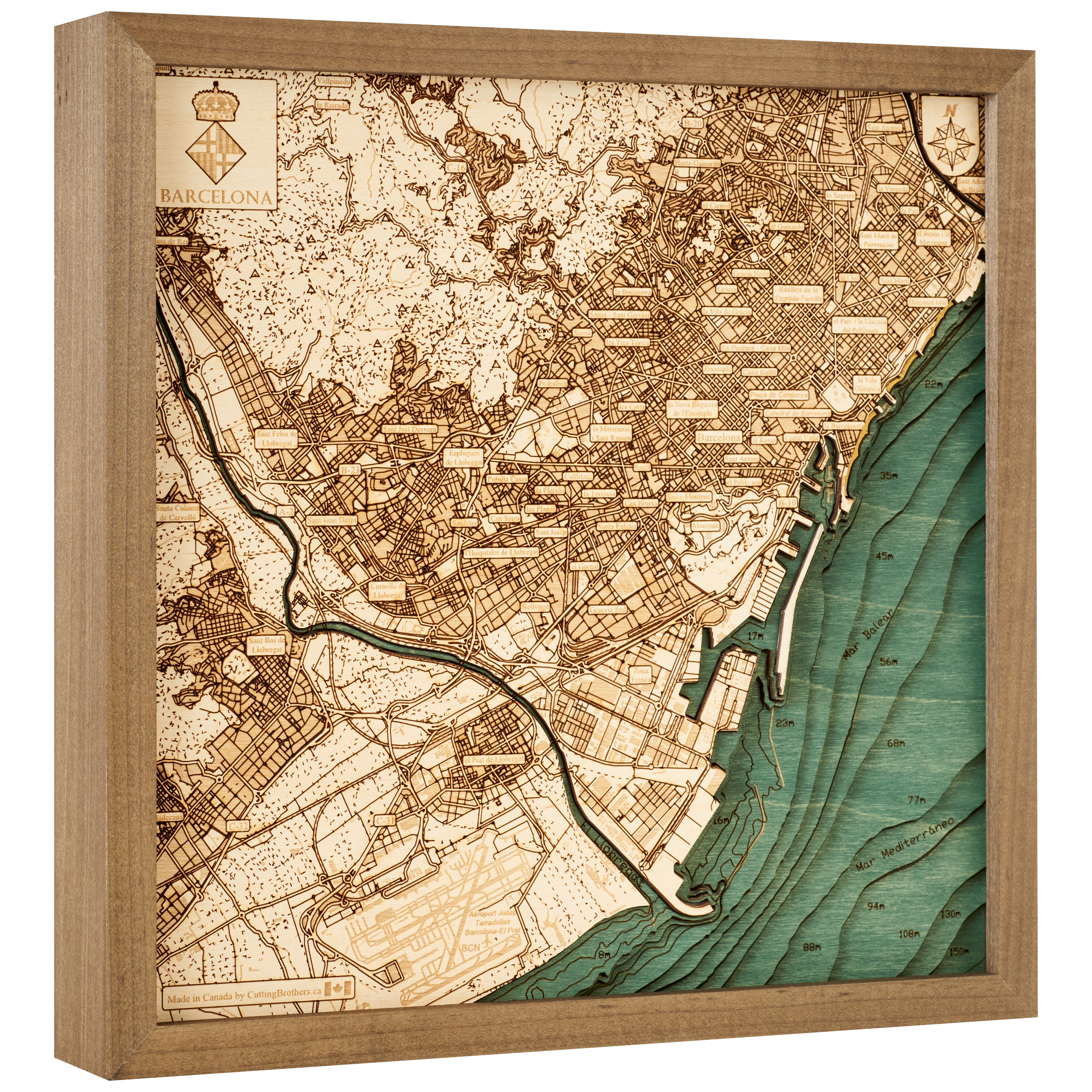 BARCELONA 3D WOODEN WALL MAP - Version S - 15 x 15 Inches