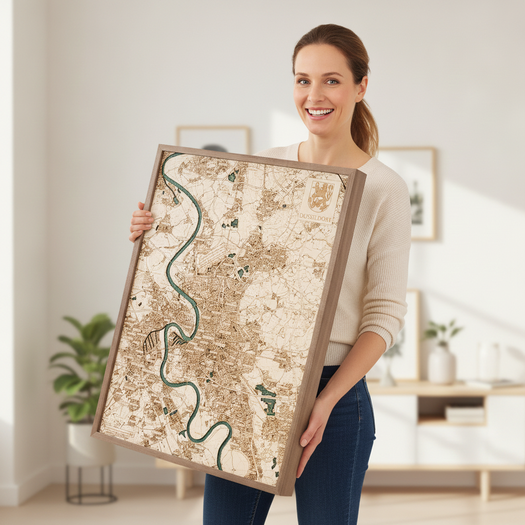 DÜSSELDORF 3D WOODEN WALL MAP - Version L