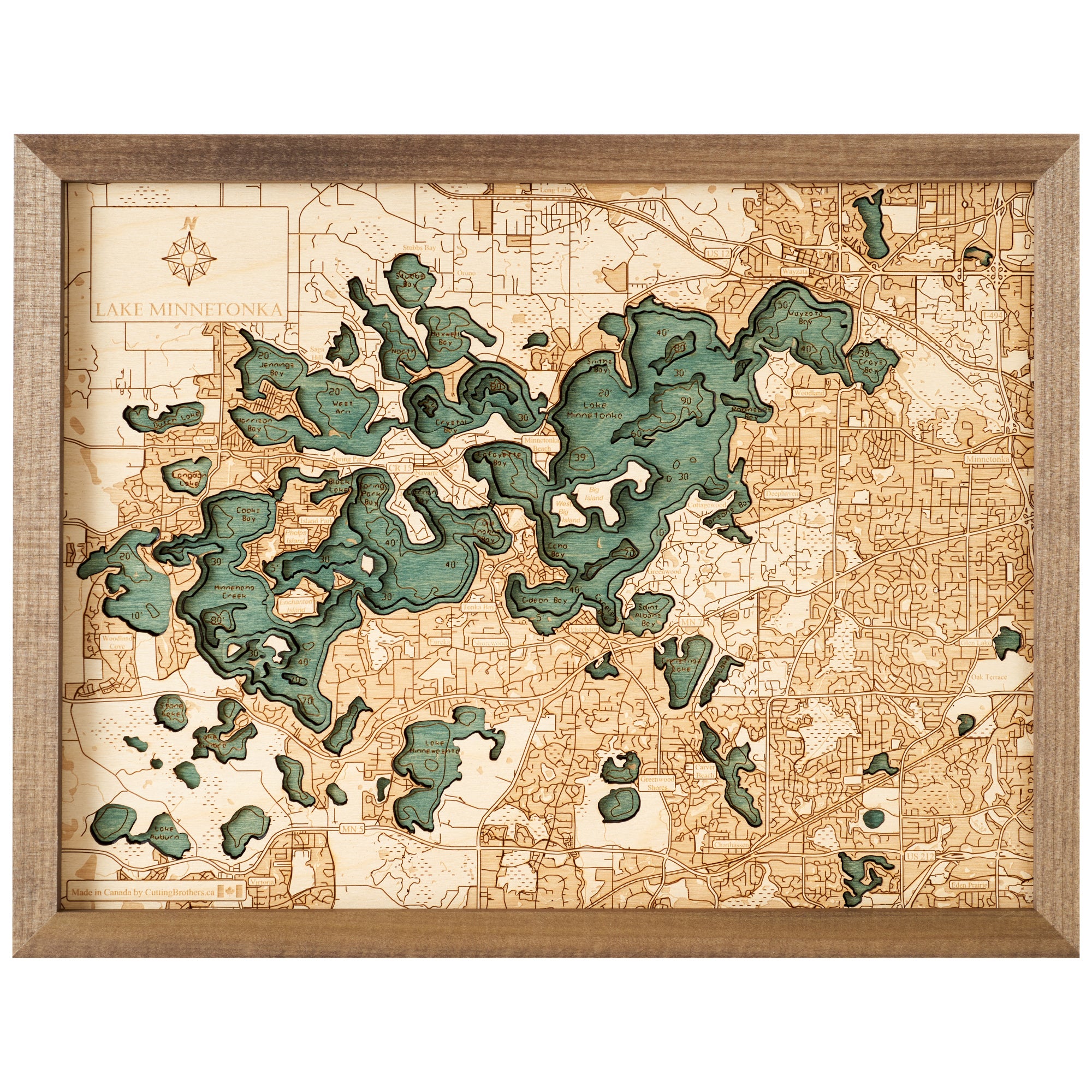 LAKE MINNETONKA3D WOODEN WALL MAP - Version S