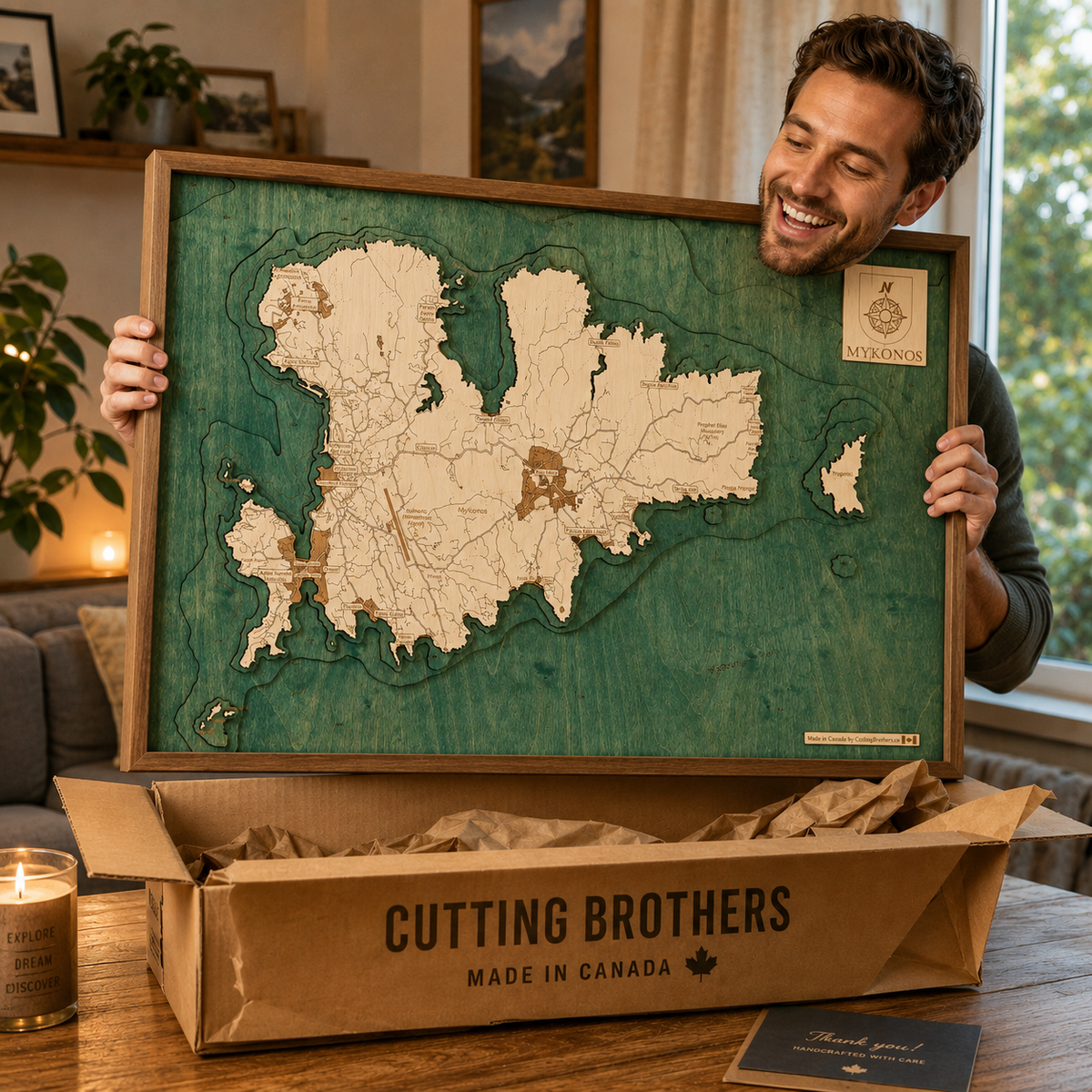 MYKONOS 3D WOODEN WALL MAP - Version L
