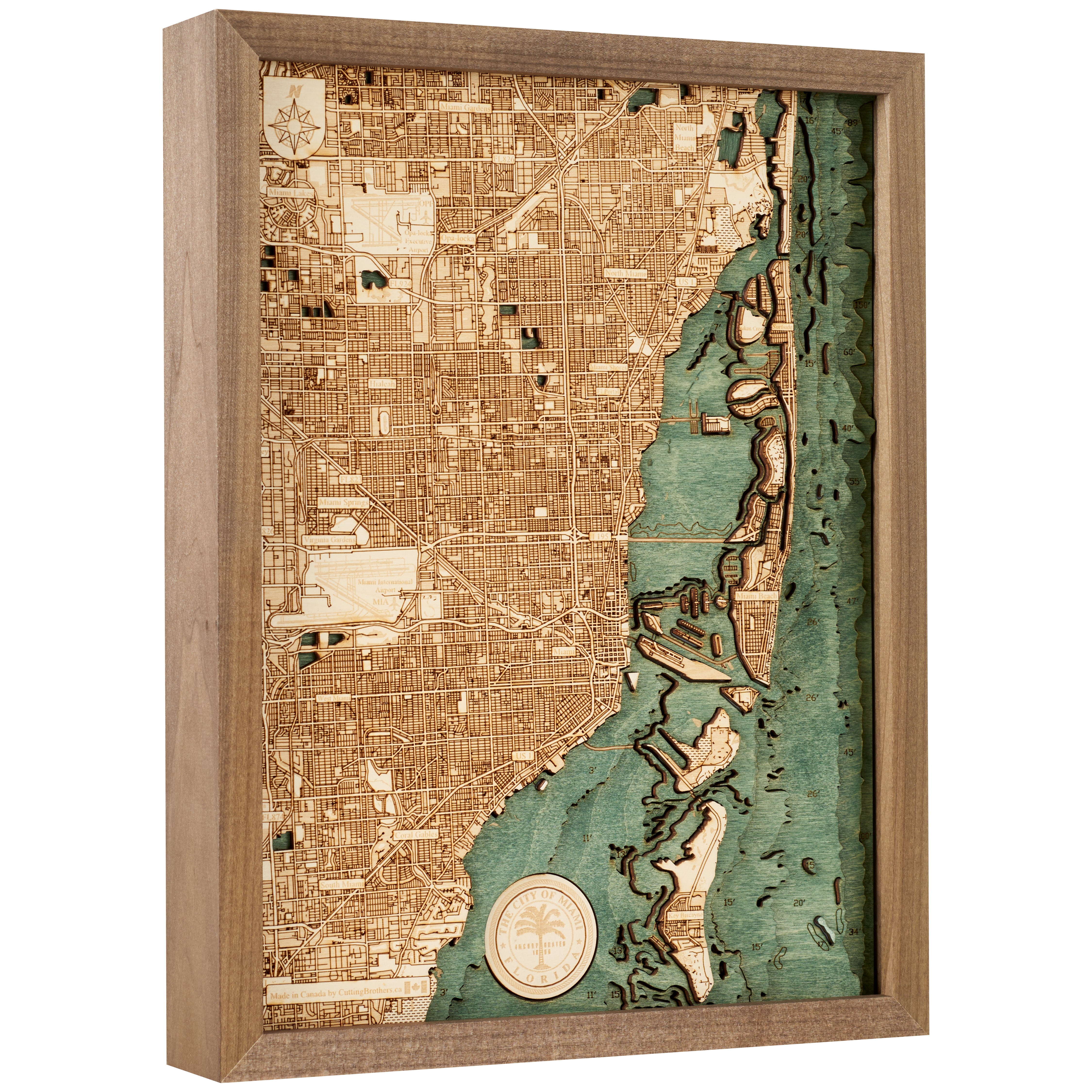 MIAMI 3D WOODEN WALL MAP - Version S