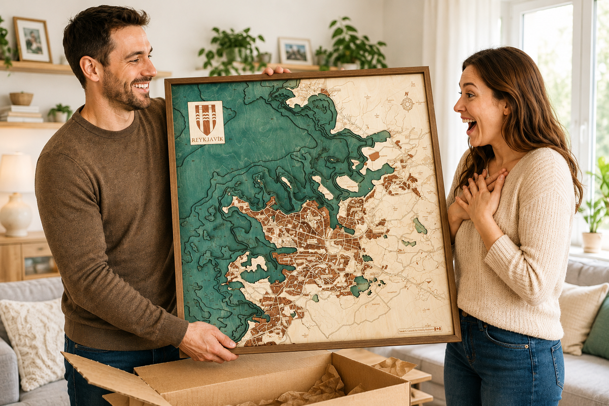 REYKJAVIK 3D WOODEN WALL MAP - Version L