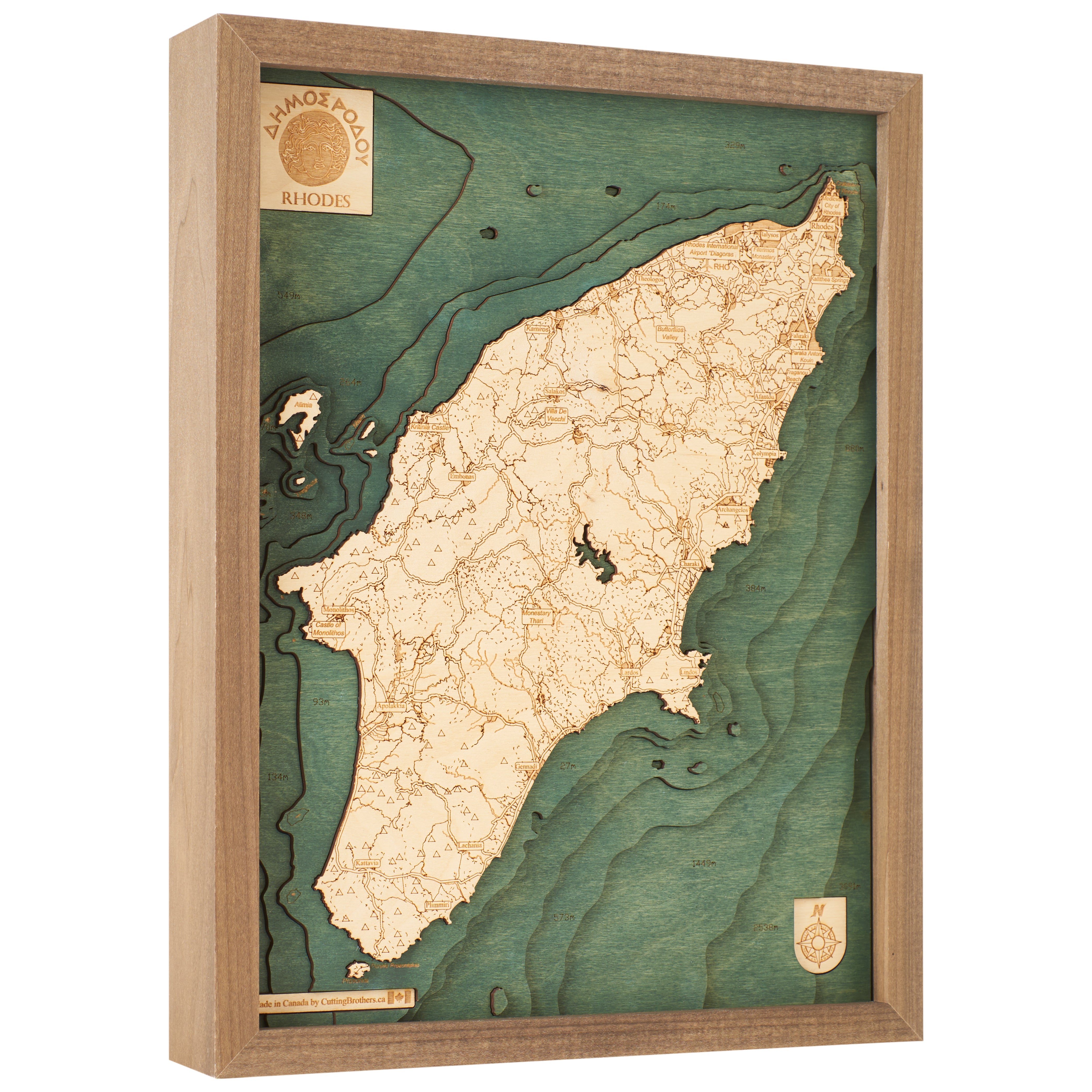 RHODES 3D WOODEN WALL MAP - Version S