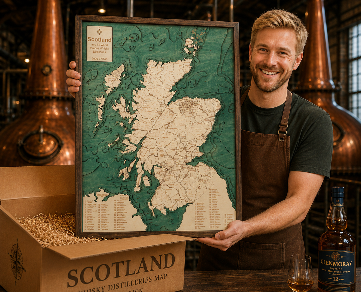 SCOTLAND (DISTILLERIES) 3D WOODEN WALL MAP - Version L