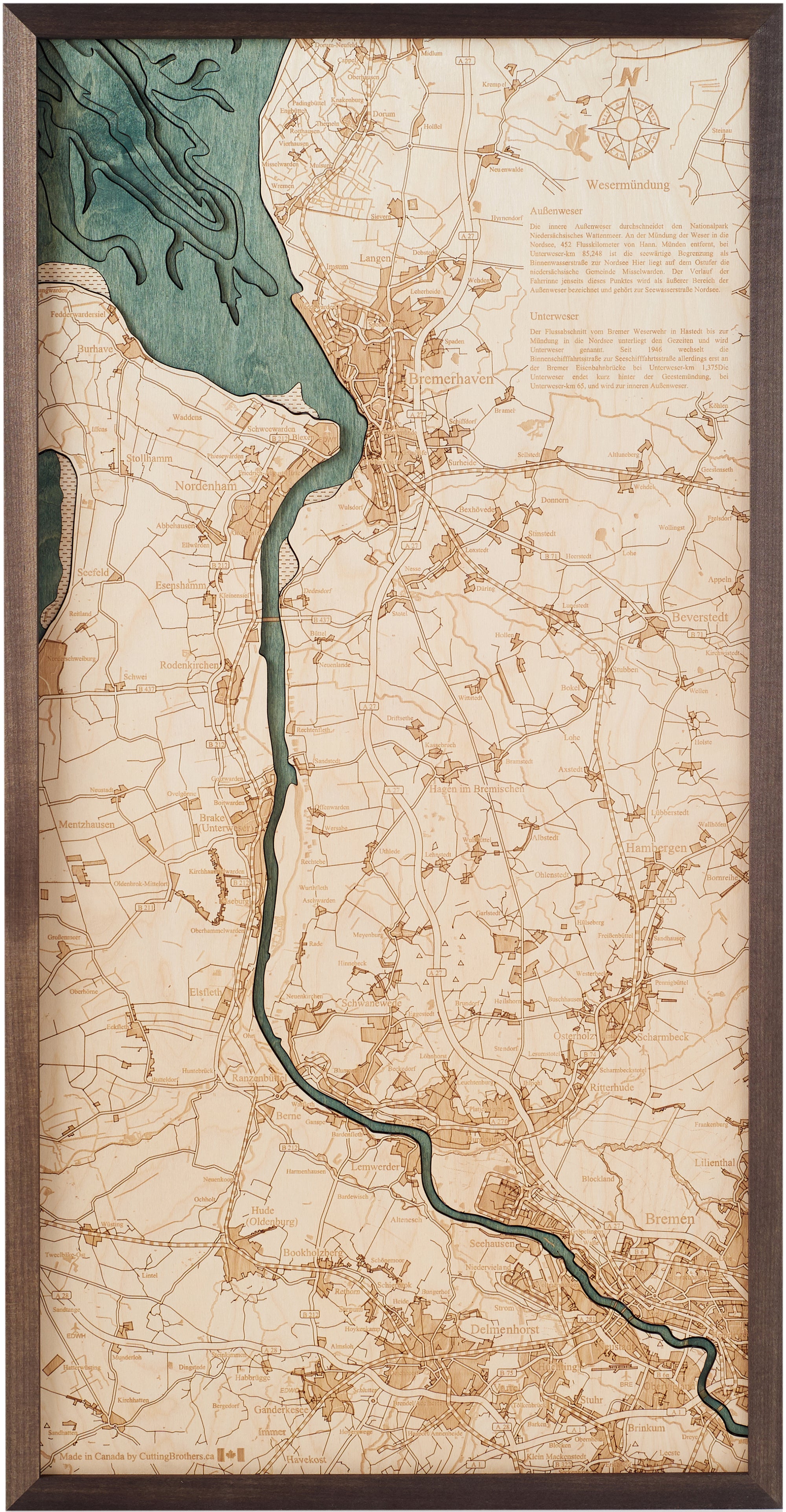 WESER ESTUARY 3D WOODEN WALL MAP - Version M